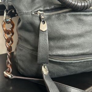 B Makowsky Black Leather Shoulder Bag  w/double handles & tortoise chain strap